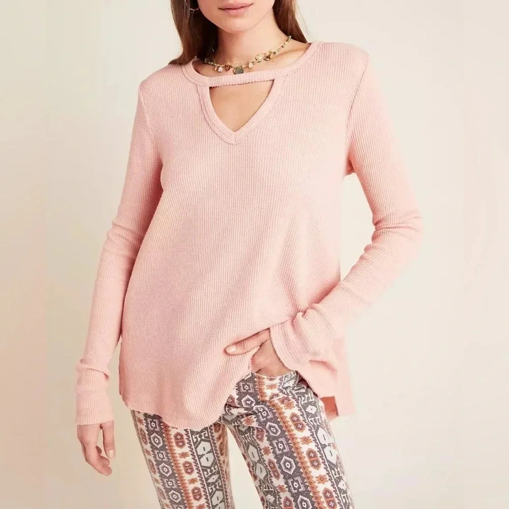 Anthropologie T. la Blush Pink Nadia Cut-Out Waffle Tunic Ribbed Top Size Large